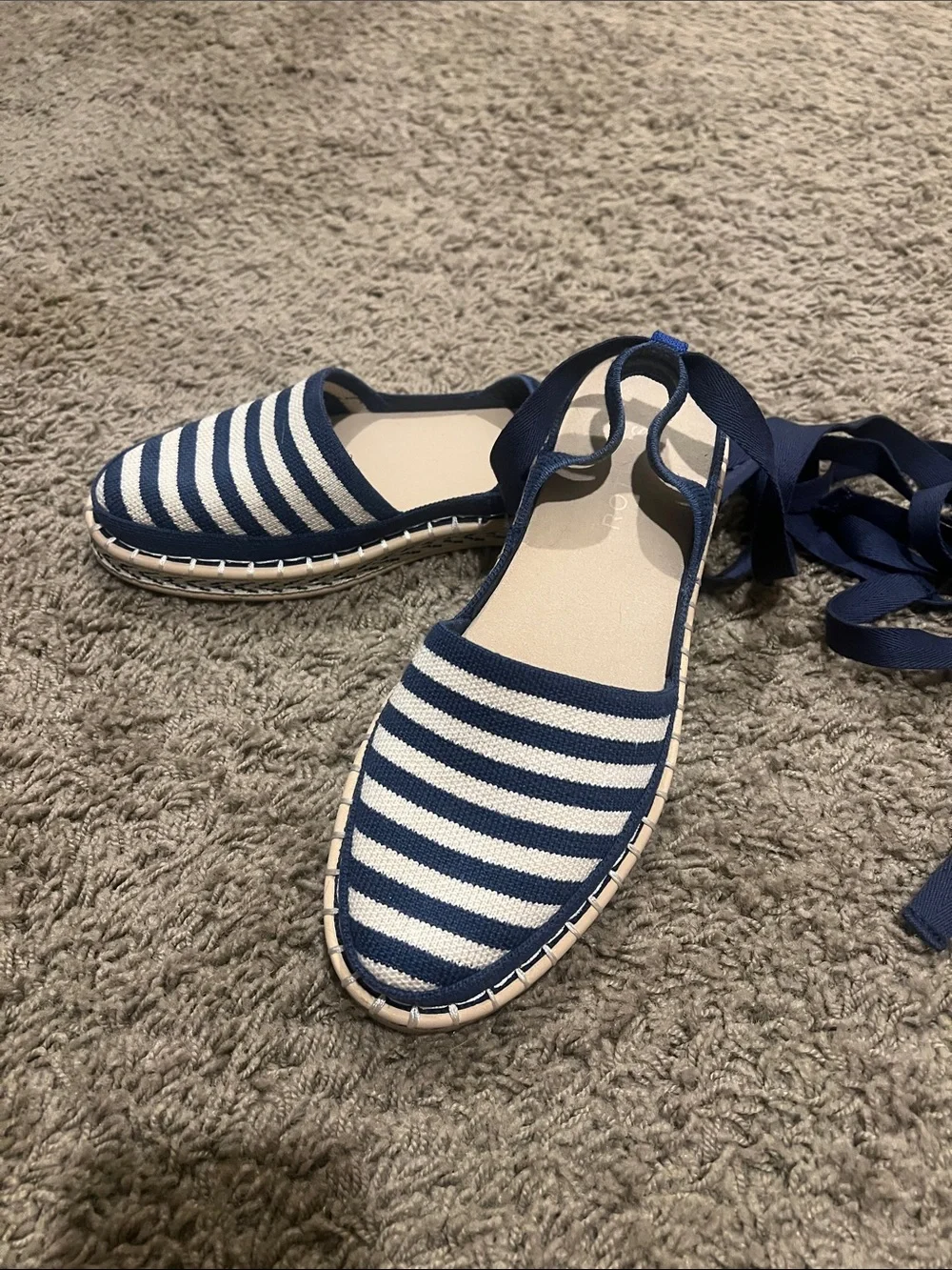 Rothy’s Navy & Cream Striped Espadrilles